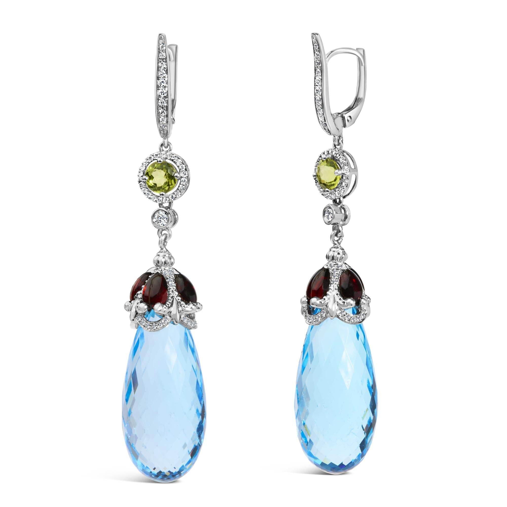 18K Gold 1/2 Cttw Diamond Blue Topaz and Garnet Dangle Earrings (VS1-VS2 Clarity) - Sable Gold