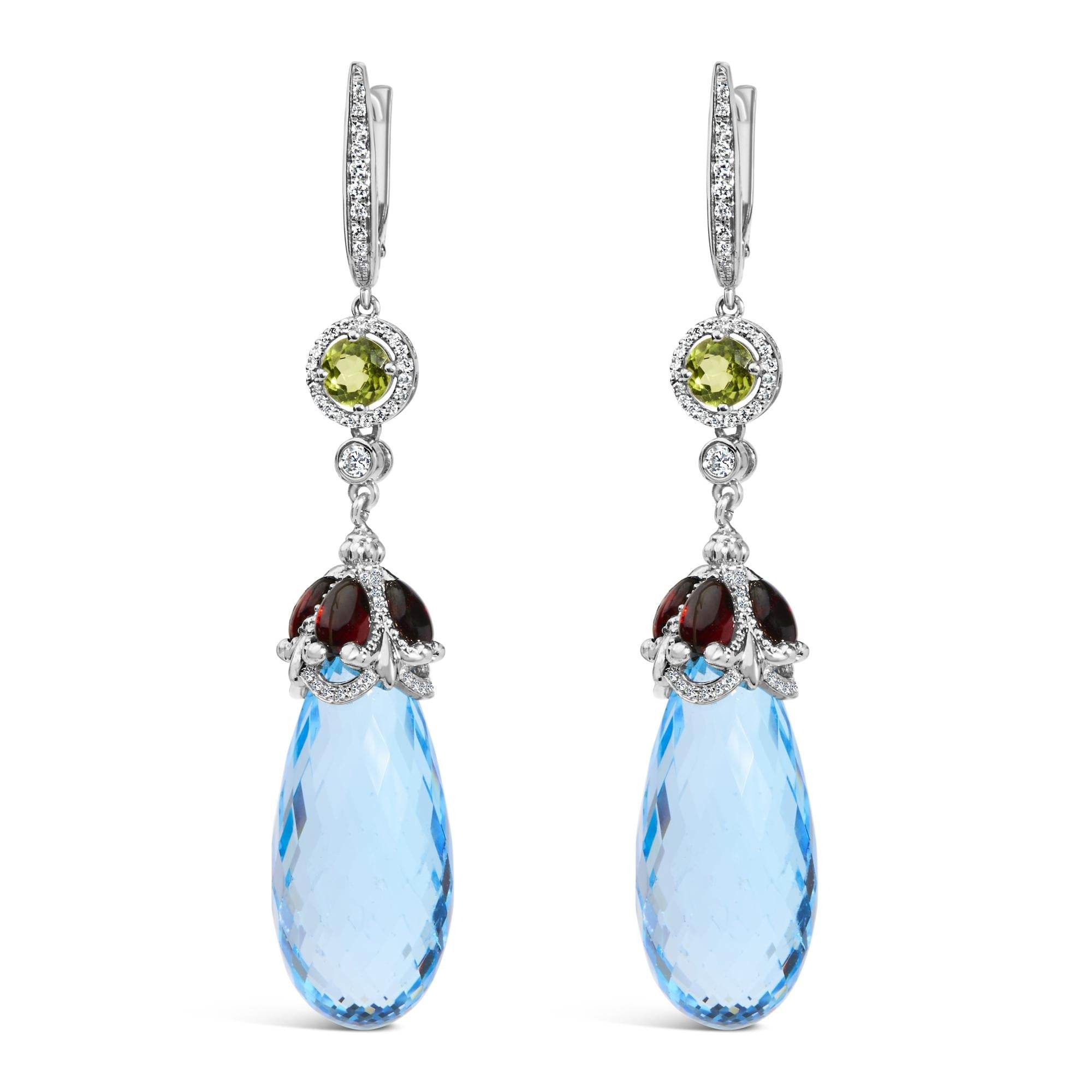 18K Gold 1/2 Cttw Diamond Blue Topaz and Garnet Dangle Earrings (VS1-VS2 Clarity) - Sable Gold