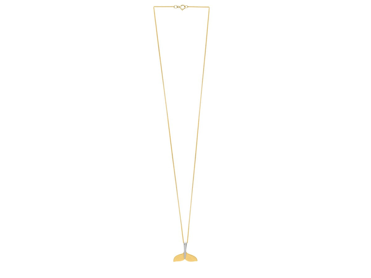 Full view of a 10K yellow gold whale tail necklace, elegantly displayed on a minimalist background to highlight its beauty.