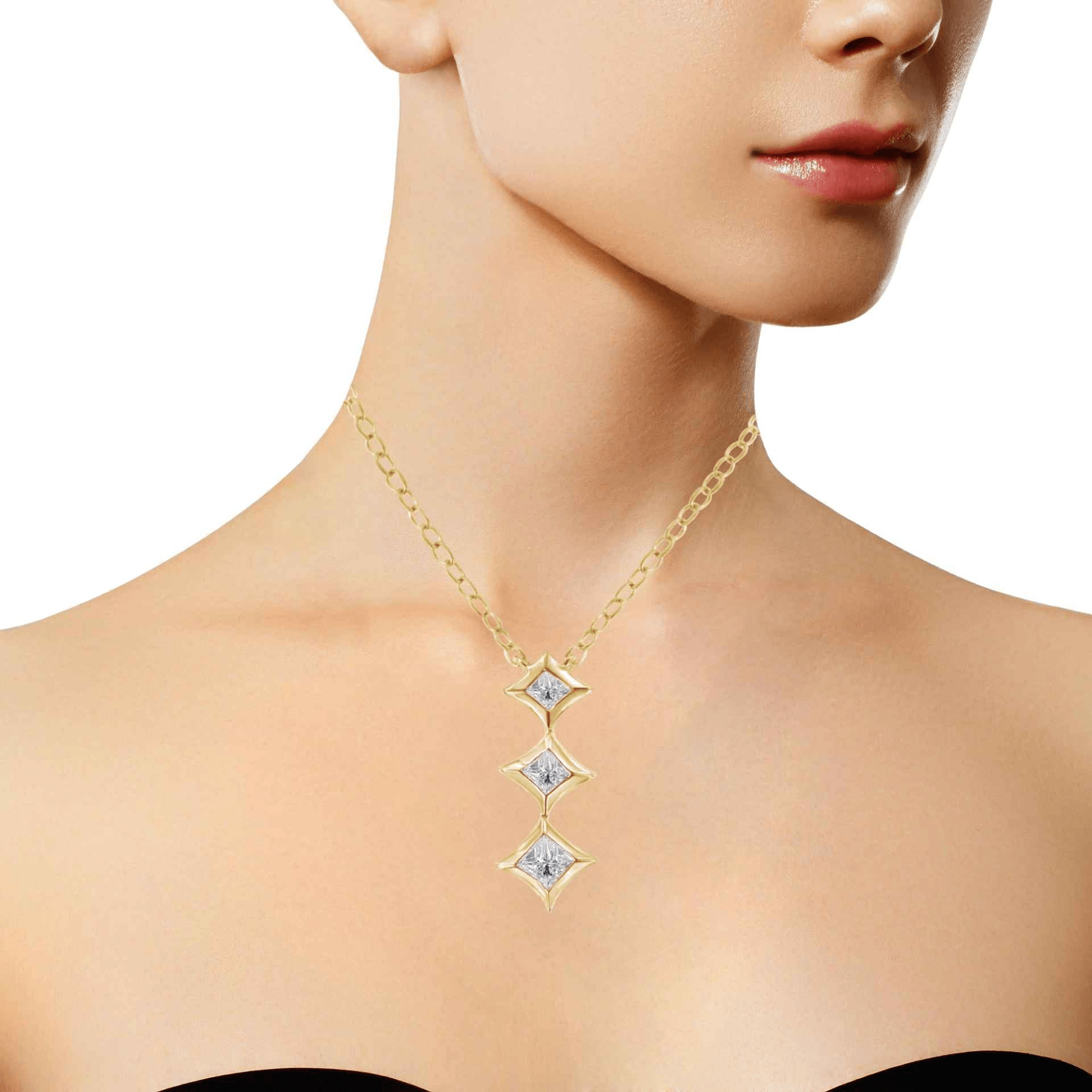 10K Gold 3-Stone Drop Pendant Necklace with Princess Cut Diamonds,1/5 Cttw - Sable Gold