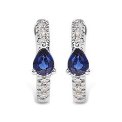 Elegant 10K White Gold Pear Shaped Blue Sapphire & Diamond Huggy Hoop Earrings - Sable Gold