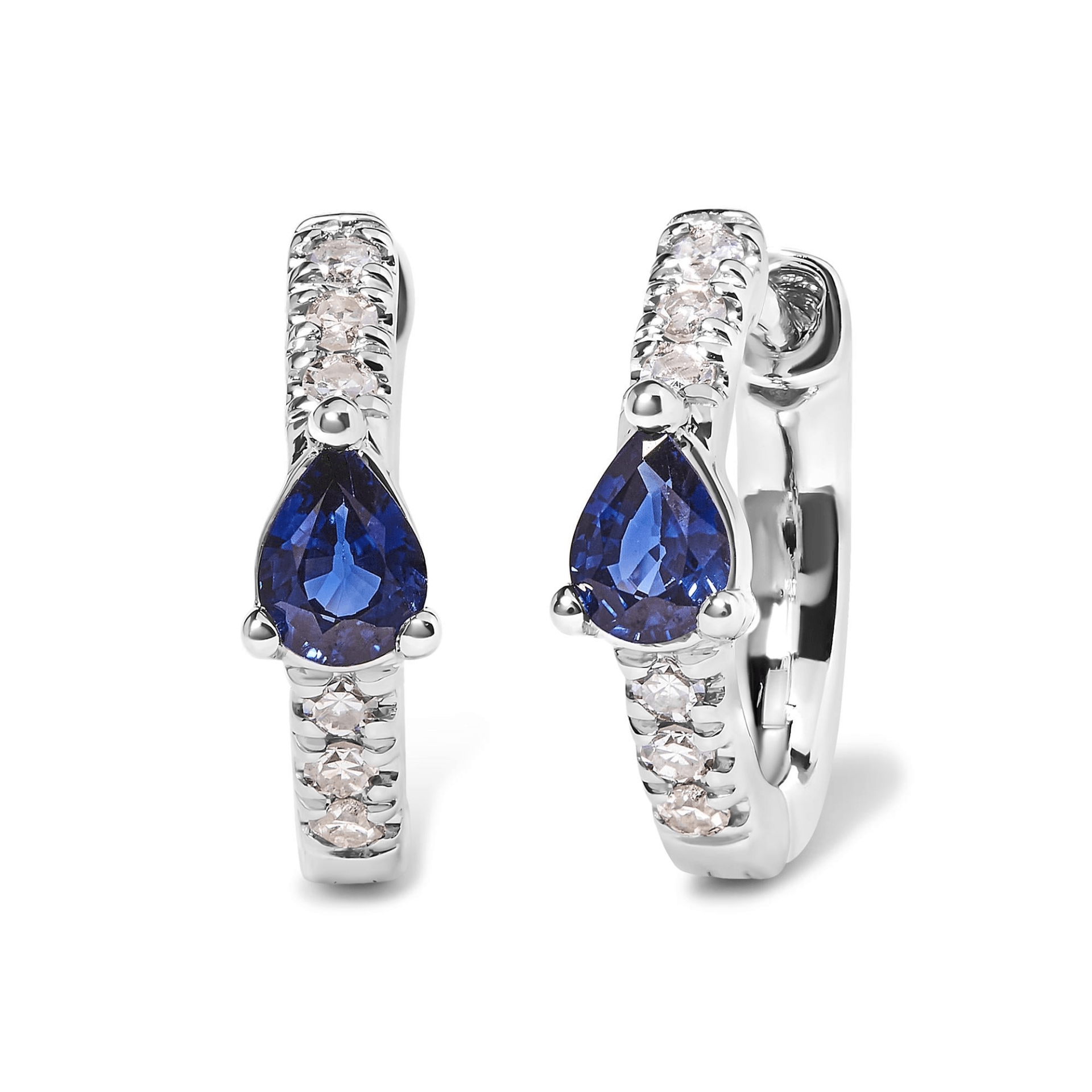 Elegant 10K White Gold Pear Shaped Blue Sapphire & Diamond Huggy Hoop Earrings - Sable Gold