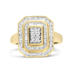 10K Yellow Gold 1.0 Cttw Diamond Vintage Inspired Baguette-Cut Double Halo Emerald-Shaped Frame Cocktail Ring - Sable Gold