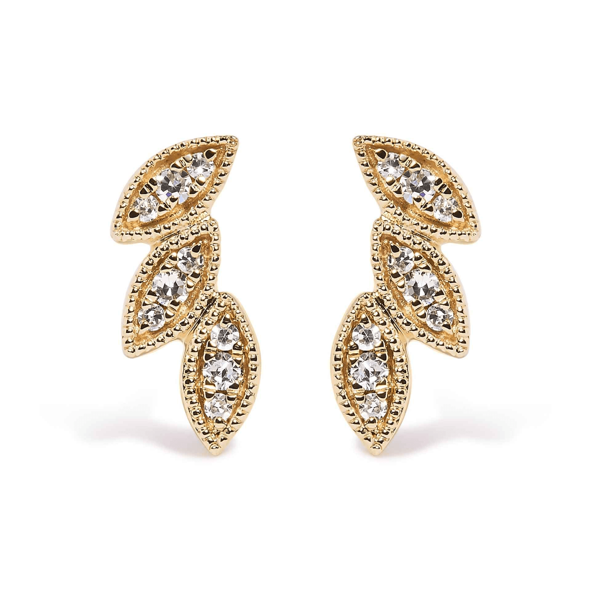 10K Yellow Gold Diamond Triple Leaf Stud Earrings – 1/10 Cttw, H-I Color, I1-I2 Clarity - Sable Gold