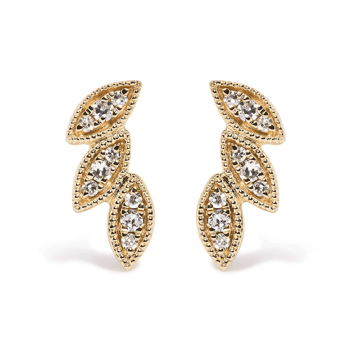 10K Yellow Gold Diamond Triple Leaf Stud Earrings – 1/10 Cttw, H-I Color, I1-I2 Clarity - Sable Gold