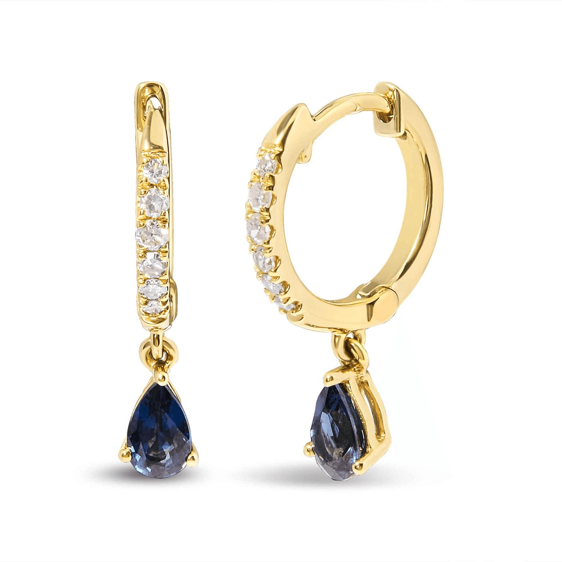 10K Yellow Gold Pear Blue Sapphire and Diamond Huggy Hoop Earrings - Elegant & Timeless Jewelry - Sable Gold