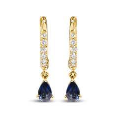 10K Yellow Gold Pear Blue Sapphire and Diamond Huggy Hoop Earrings - Elegant & Timeless Jewelry - Sable Gold