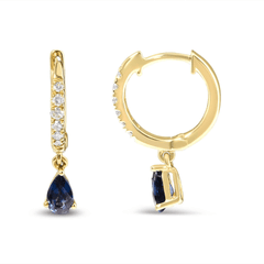 10K Yellow Gold Pear Blue Sapphire and Diamond Huggy Hoop Earrings - Elegant & Timeless Jewelry - Sable Gold