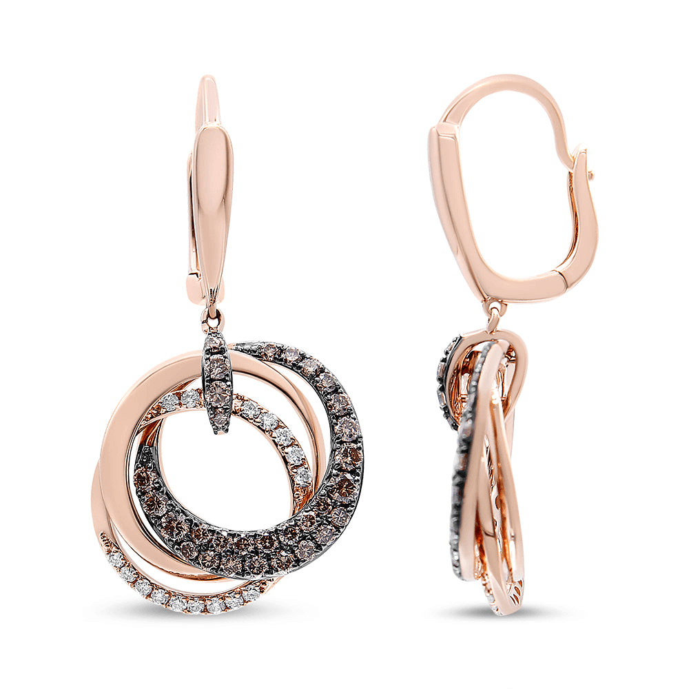 14K Rose Gold 1.00 Cttw White and Brown Diamond Intertwining Hoops & Circle Dangle Earrings (H-I/Brown Color, SI1-SI2 Clarity) - Sable Gold