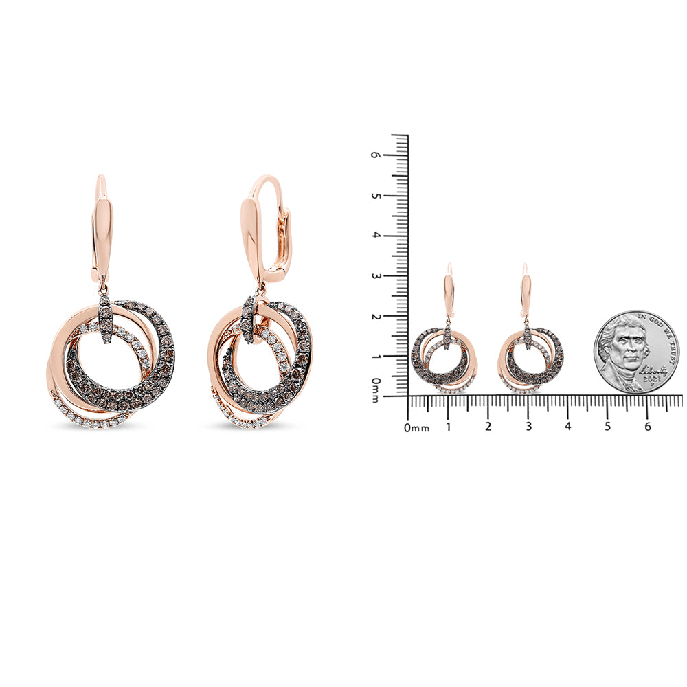 14K Rose Gold 1.00 Cttw White and Brown Diamond Intertwining Hoops & Circle Dangle Earrings (H-I/Brown Color, SI1-SI2 Clarity) - Sable Gold