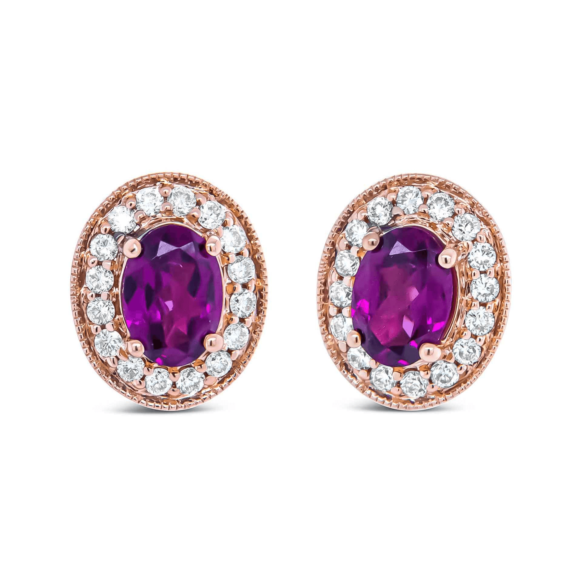 Elegant 14K Rose Gold Oval Cut Garnet and Diamond Halo Stud Earrings - 3/8 Cttw, G-H Color, SI1-SI2 Clarity - Sable Gold