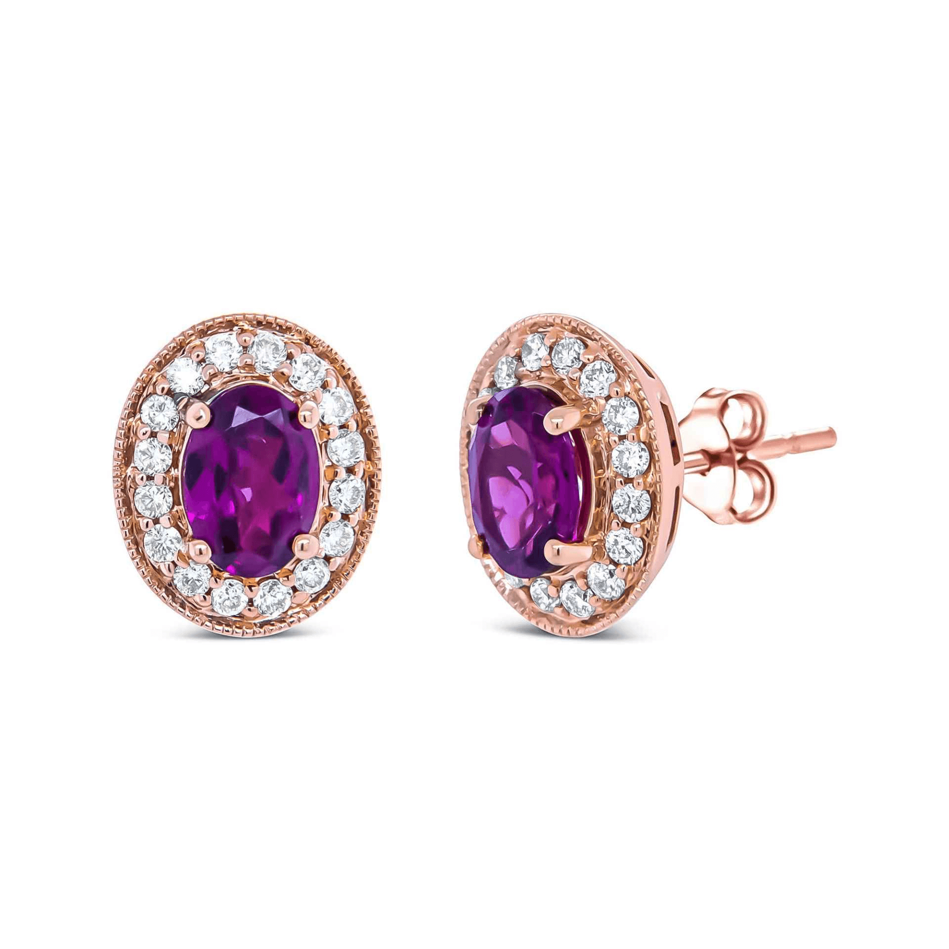 Elegant 14K Rose Gold Oval Cut Garnet and Diamond Halo Stud Earrings - 3/8 Cttw, G-H Color, SI1-SI2 Clarity - Sable Gold