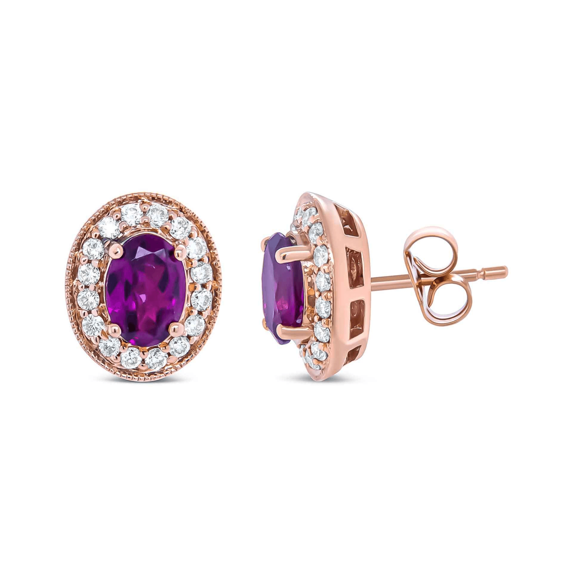 Elegant 14K Rose Gold Oval Cut Garnet and Diamond Halo Stud Earrings - 3/8 Cttw, G-H Color, SI1-SI2 Clarity - Sable Gold