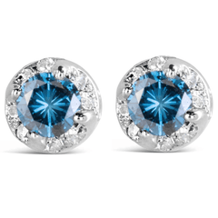 14K White Gold 1.00 Cttw Treated Blue and White Diamond Hidden Halo Stud Earrings - Sable Gold