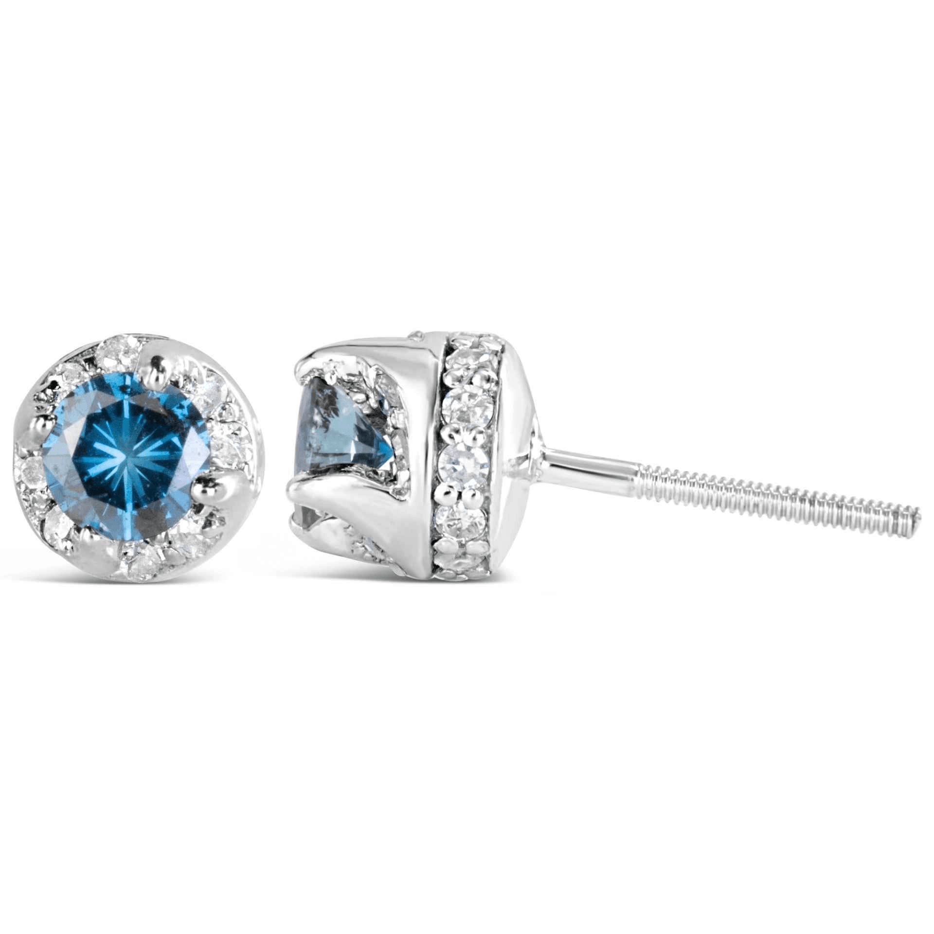 14K White Gold 1.00 Cttw Treated Blue and White Diamond Hidden Halo Stud Earrings - Sable Gold