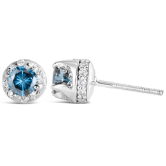 14K White Gold 1.00 Cttw Treated Blue and White Diamond Hidden Halo Stud Earrings - Sable Gold