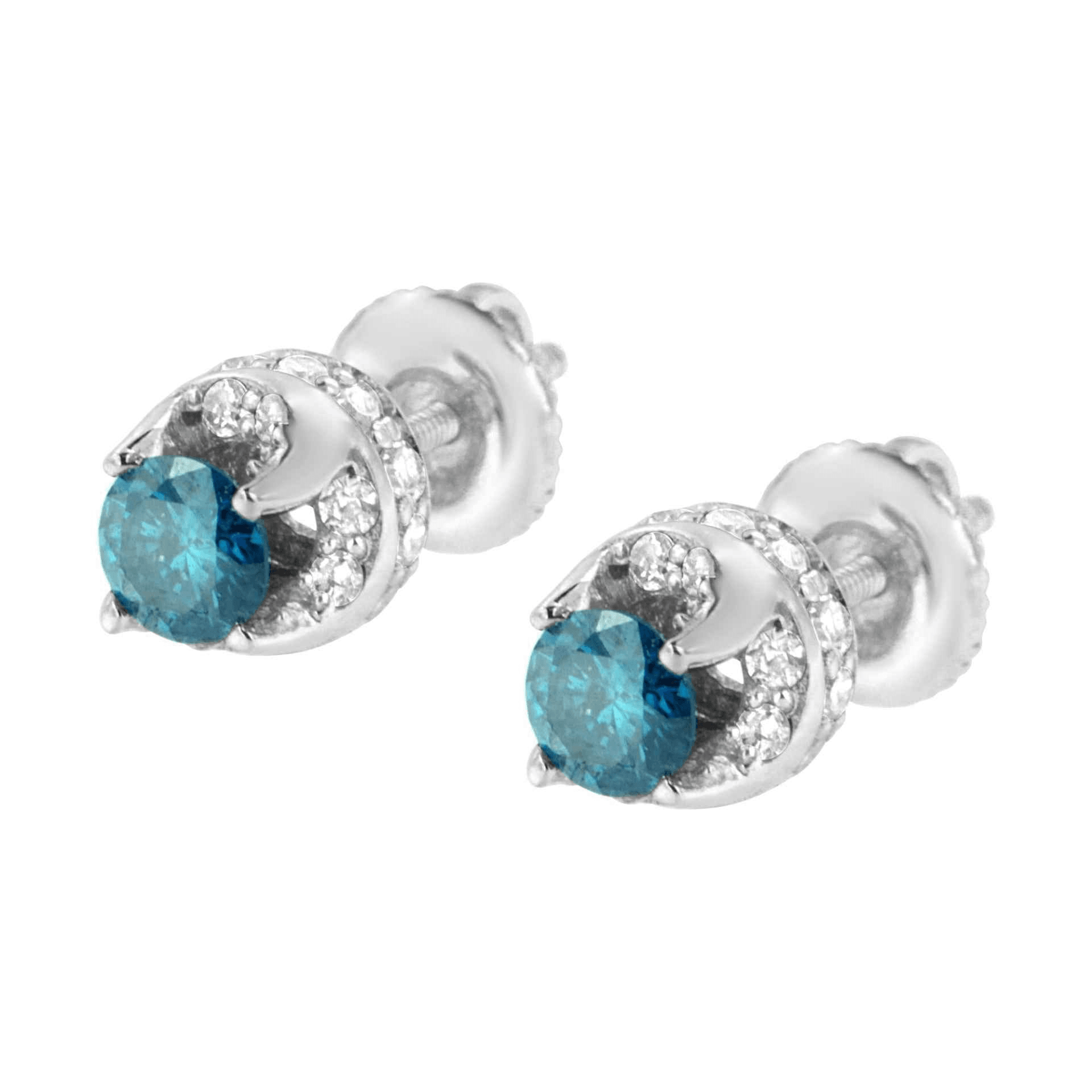 14K White Gold 1.00 Cttw Treated Blue and White Diamond Hidden Halo Stud Earrings - Sable Gold