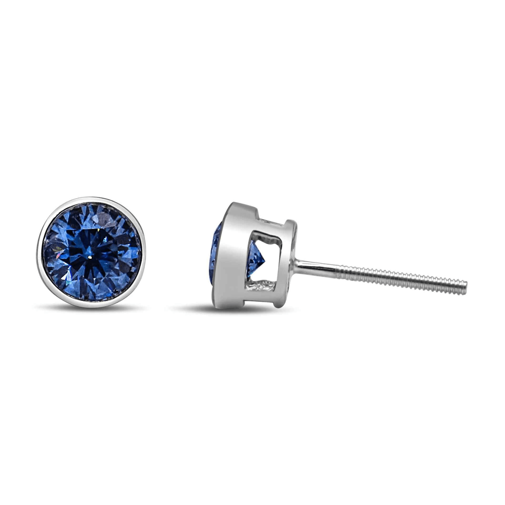 14K White Gold 1.0 Cttw Blue Lab Grown Diamond Screw-Back Bezel Solitaire Stud Earrings (VS2-SI1 Clarity) - Sable Gold