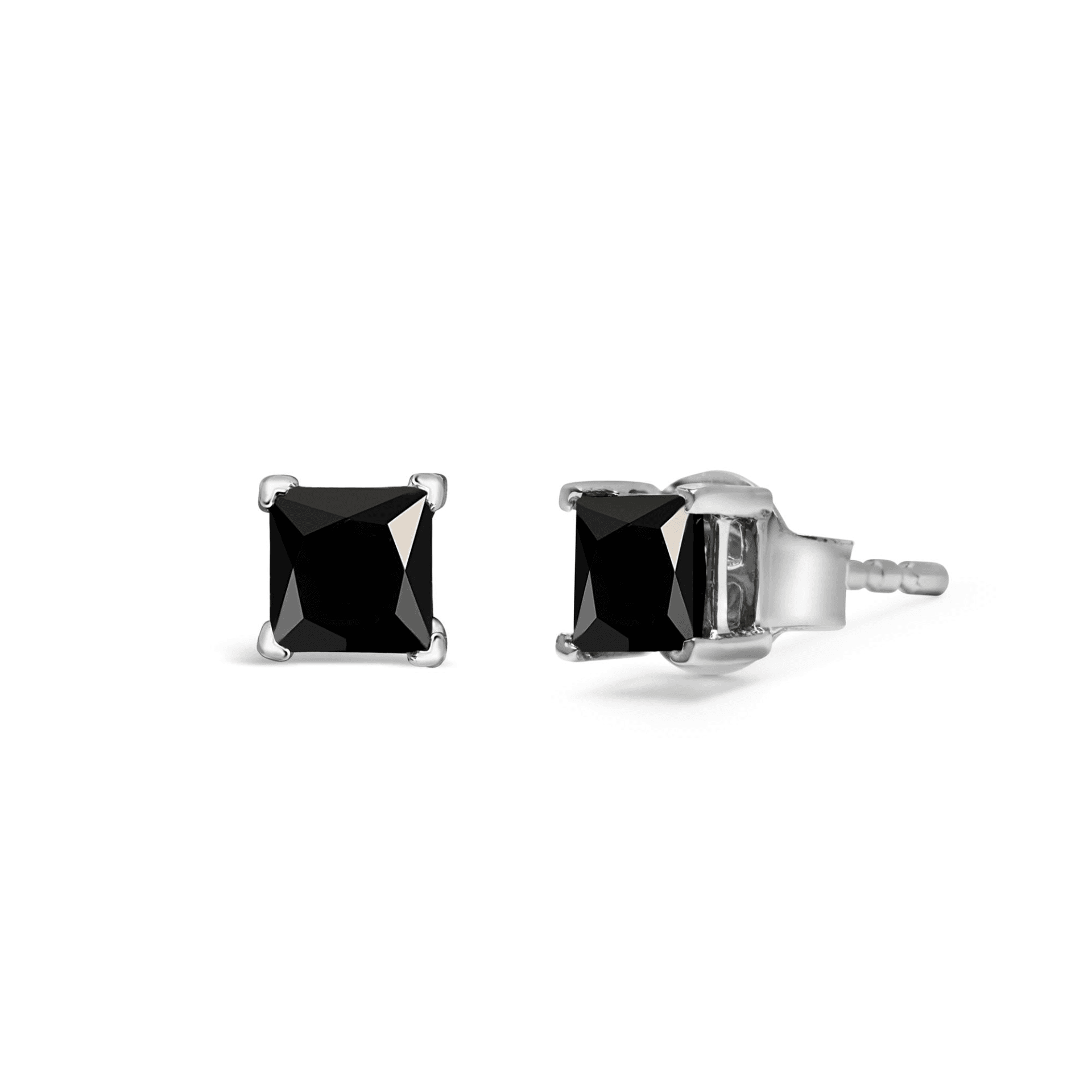 14K White Gold Princess-Cut Black Diamond 4-Prong Stud Earrings - Pushback - Sable Gold