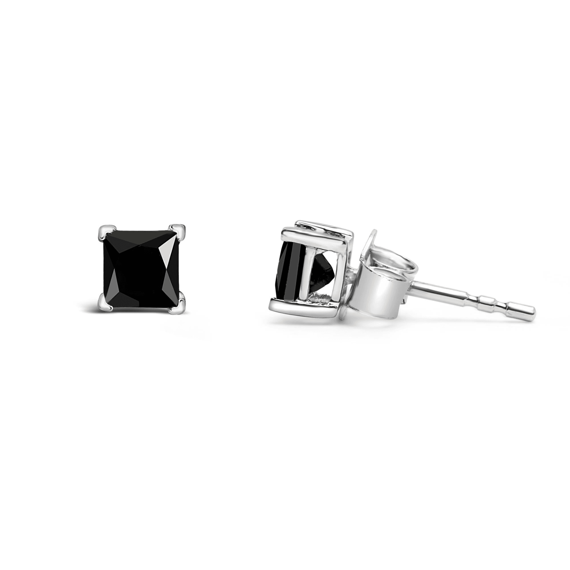 14K White Gold Princess-Cut Black Diamond 4-Prong Stud Earrings - Pushback - Sable Gold