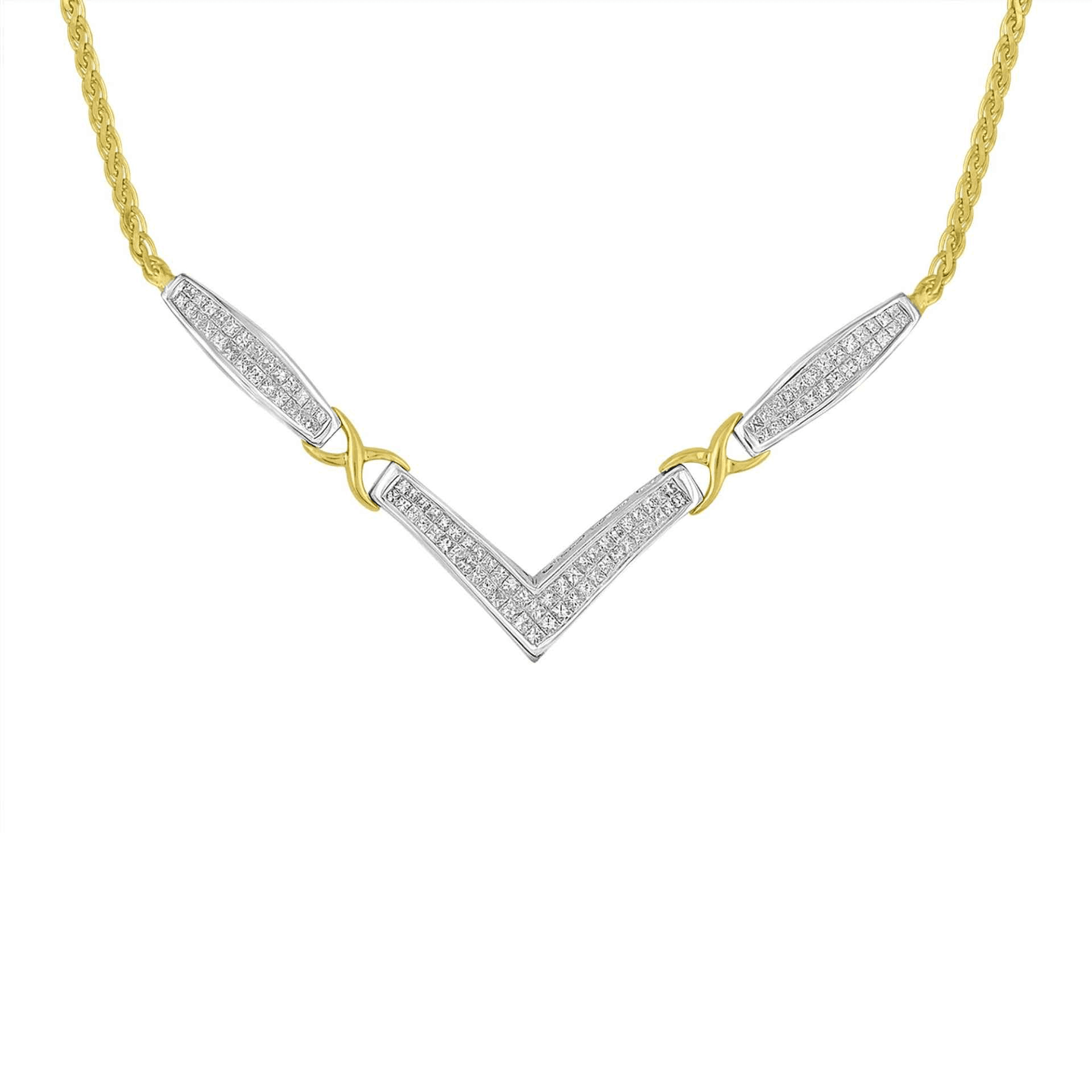 14K Yellow and White Gold Princess Cut Diamond Statement Necklace with 18” Franco Chain - Sable Gold