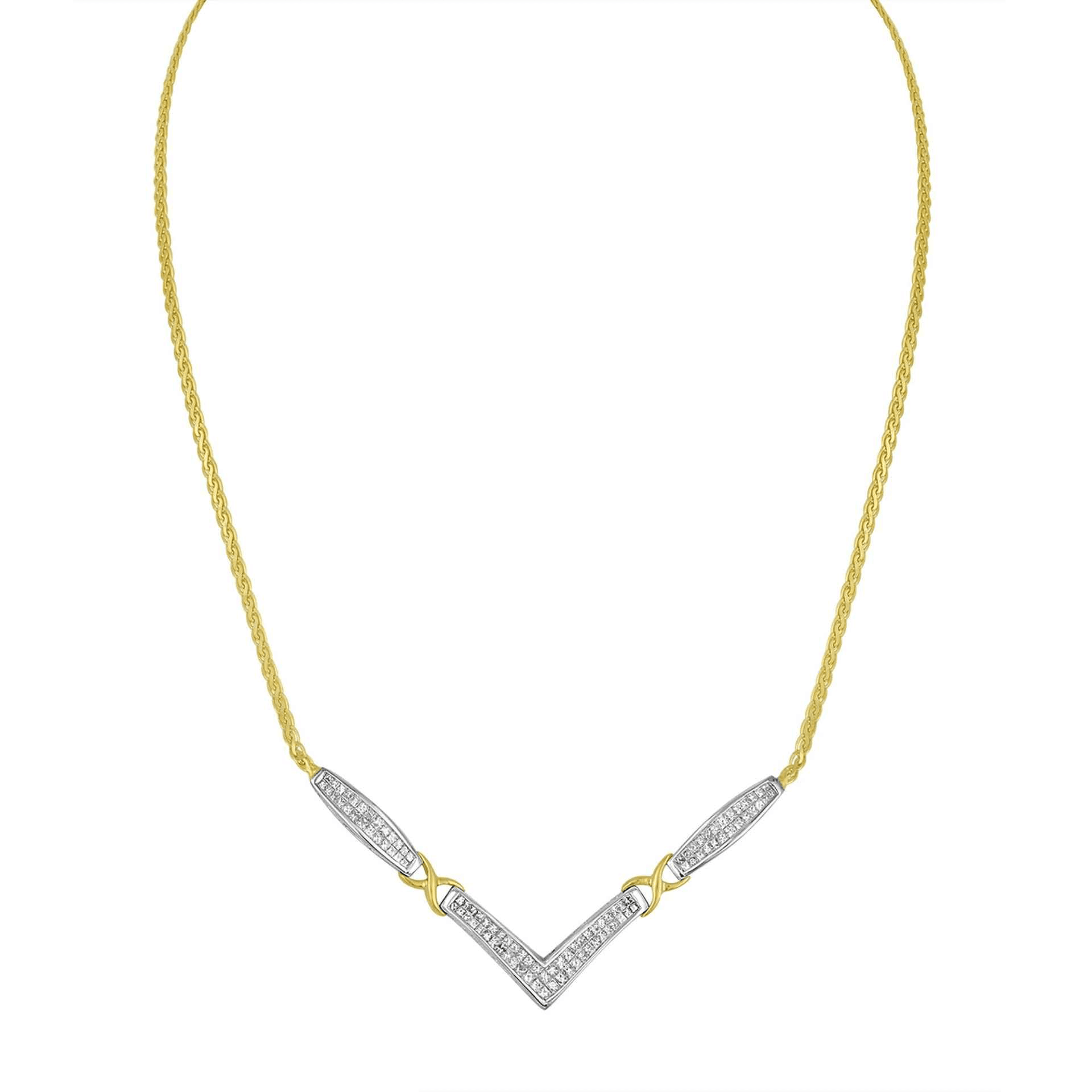 14K Yellow and White Gold Princess Cut Diamond Statement Necklace with 18” Franco Chain - Sable Gold