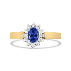 Elegant 14K Yellow Gold Round Diamond and Oval Blue Tanzanite Halo Ring | 1/5 Cttw, H-I Color, I1-I2 Clarity - Sable Gold