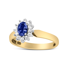 Elegant 14K Yellow Gold Round Diamond and Oval Blue Tanzanite Halo Ring | 1/5 Cttw, H-I Color, I1-I2 Clarity - Sable Gold