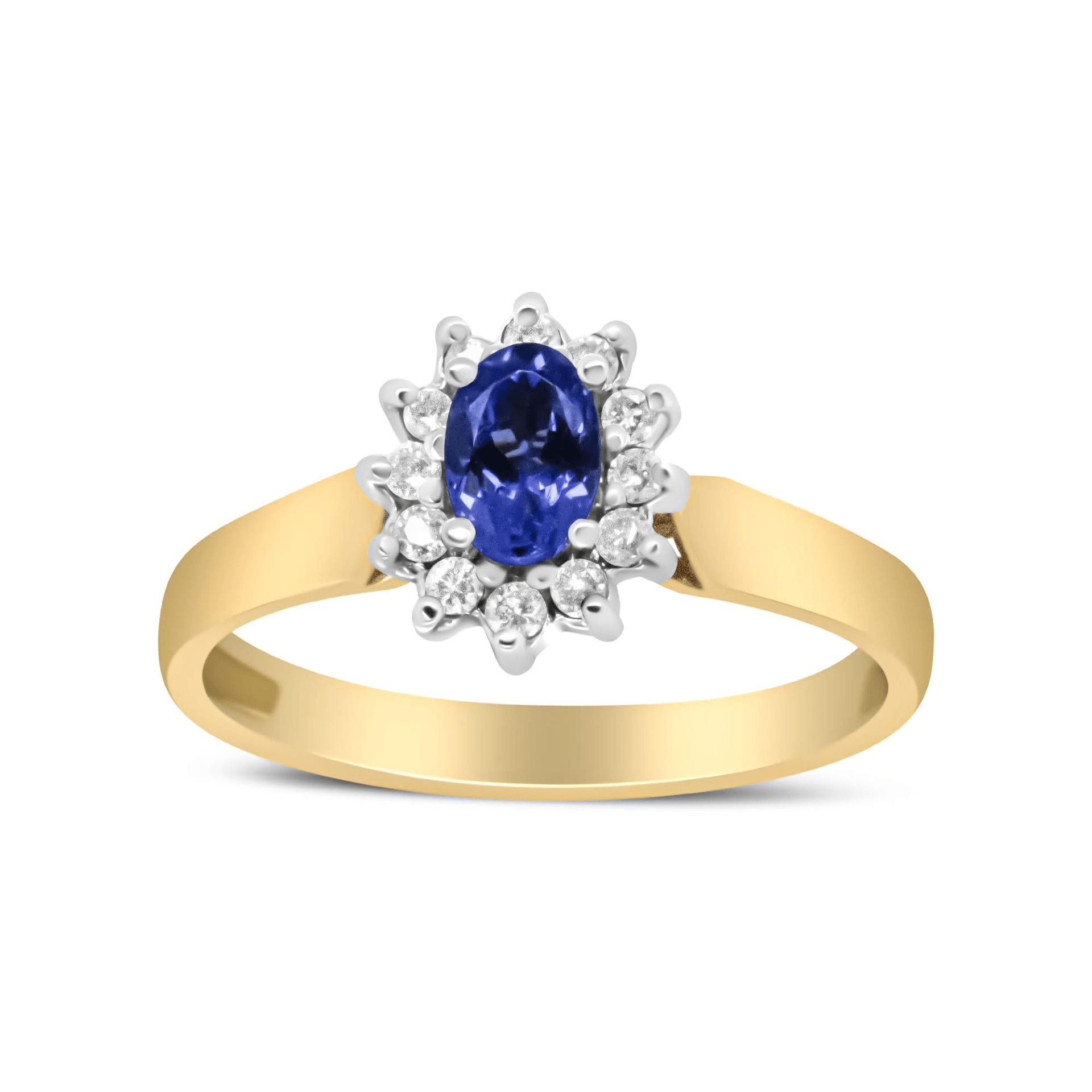 Elegant 14K Yellow Gold Round Diamond and Oval Blue Tanzanite Halo Ring | 1/5 Cttw, H-I Color, I1-I2 Clarity - Sable Gold