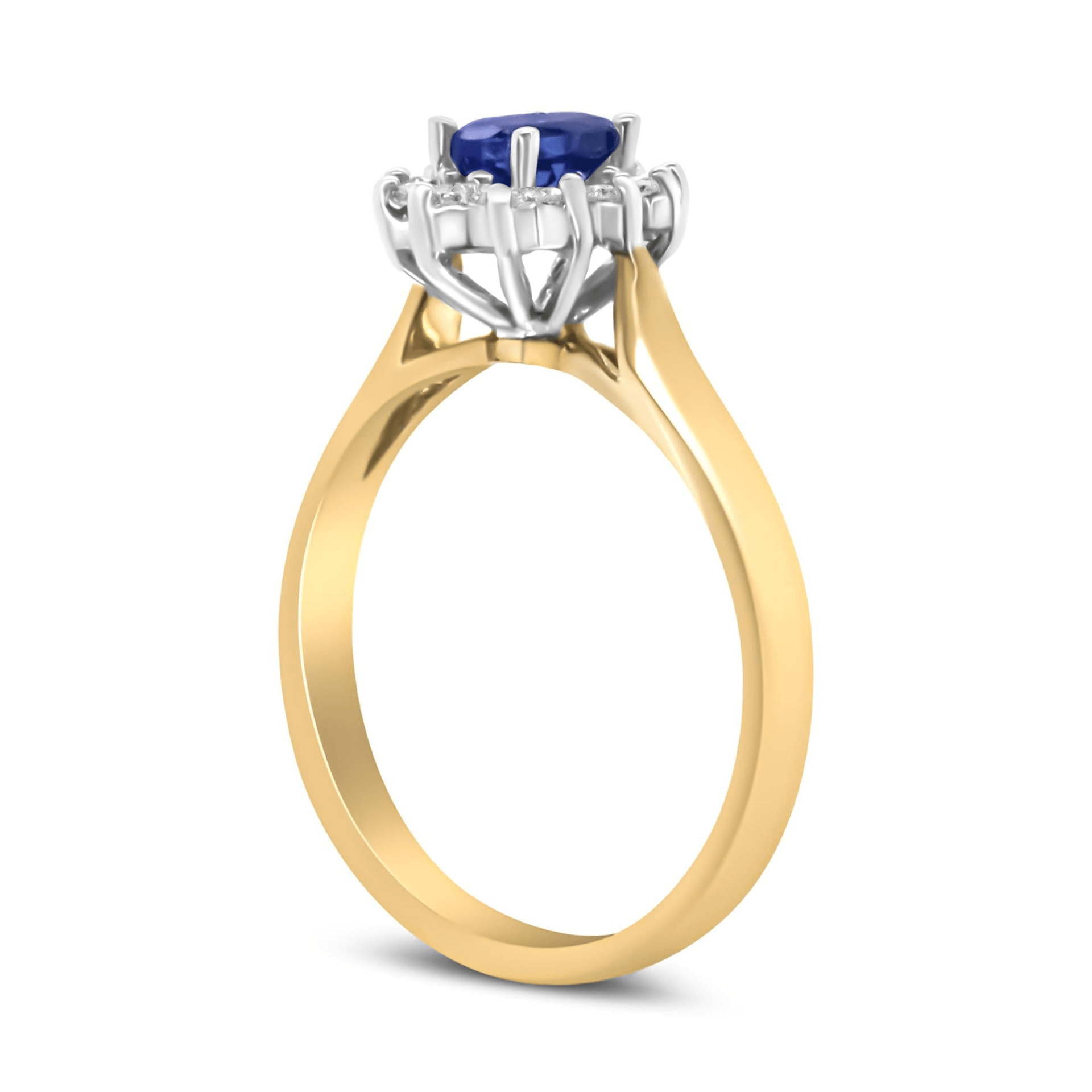 Elegant 14K Yellow Gold Round Diamond and Oval Blue Tanzanite Halo Ring | 1/5 Cttw, H-I Color, I1-I2 Clarity - Sable Gold