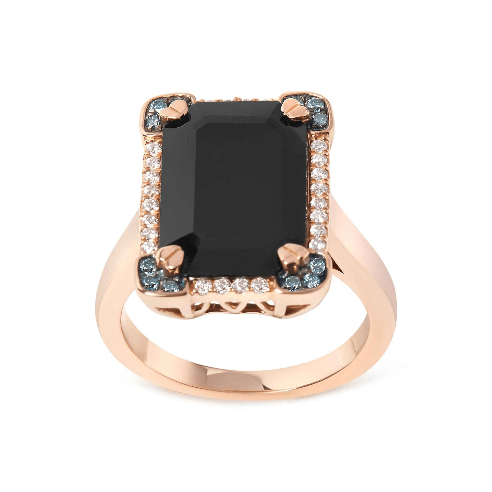 14K Rose Gold Emerald-Cut Black Onyx and Diamond Halo Cocktail Ring - Size 7 - Sable Gold