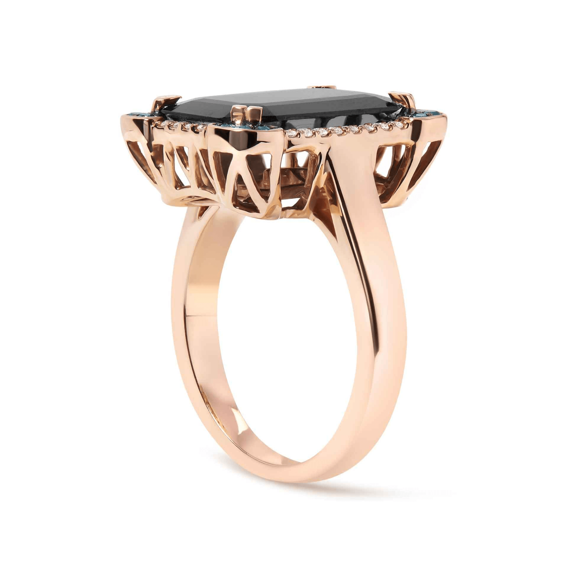 14K Rose Gold Emerald-Cut Black Onyx and Diamond Halo Cocktail Ring - Size 7 - Sable Gold