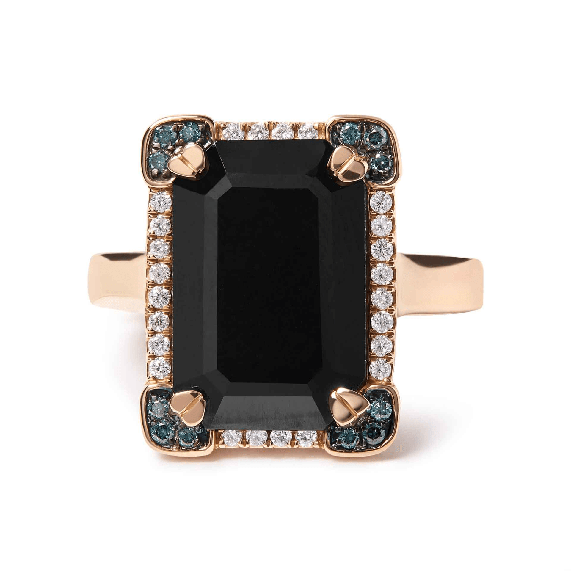 14K Rose Gold Emerald-Cut Black Onyx and Diamond Halo Cocktail Ring - Size 7 - Sable Gold