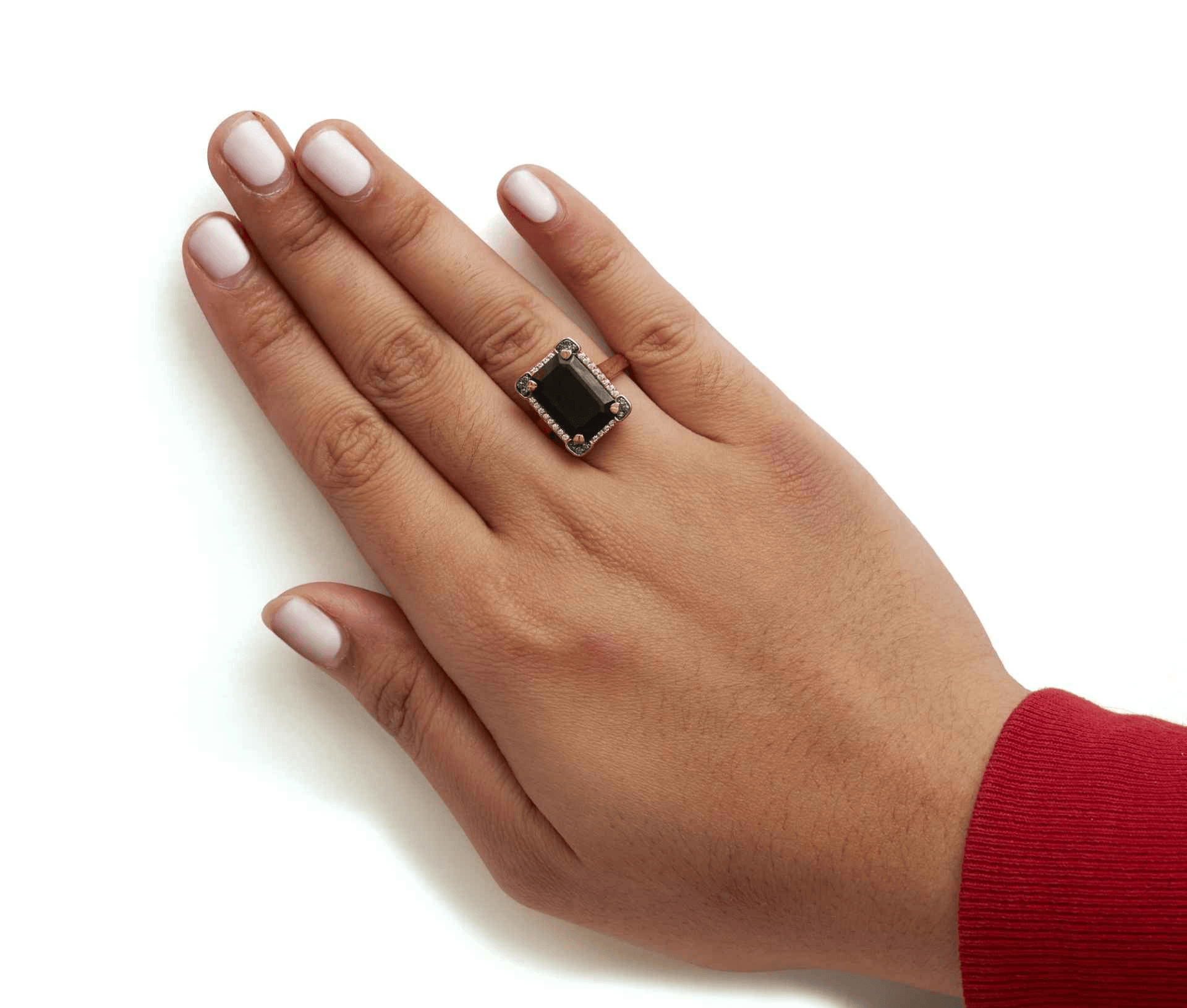 14K Rose Gold Emerald-Cut Black Onyx and Diamond Halo Cocktail Ring - Size 7 - Sable Gold