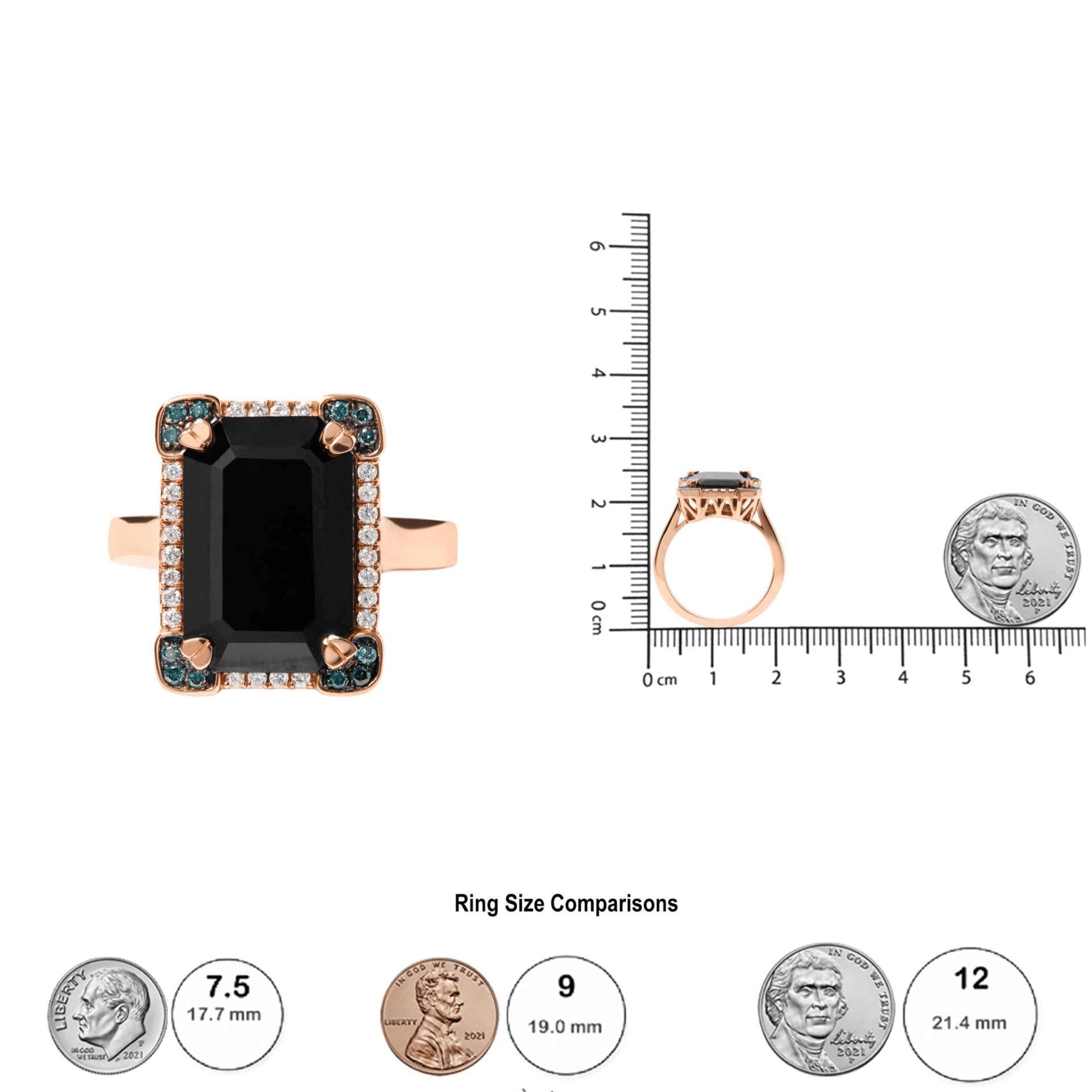 14K Rose Gold Emerald-Cut Black Onyx and Diamond Halo Cocktail Ring - Size 7 - Sable Gold