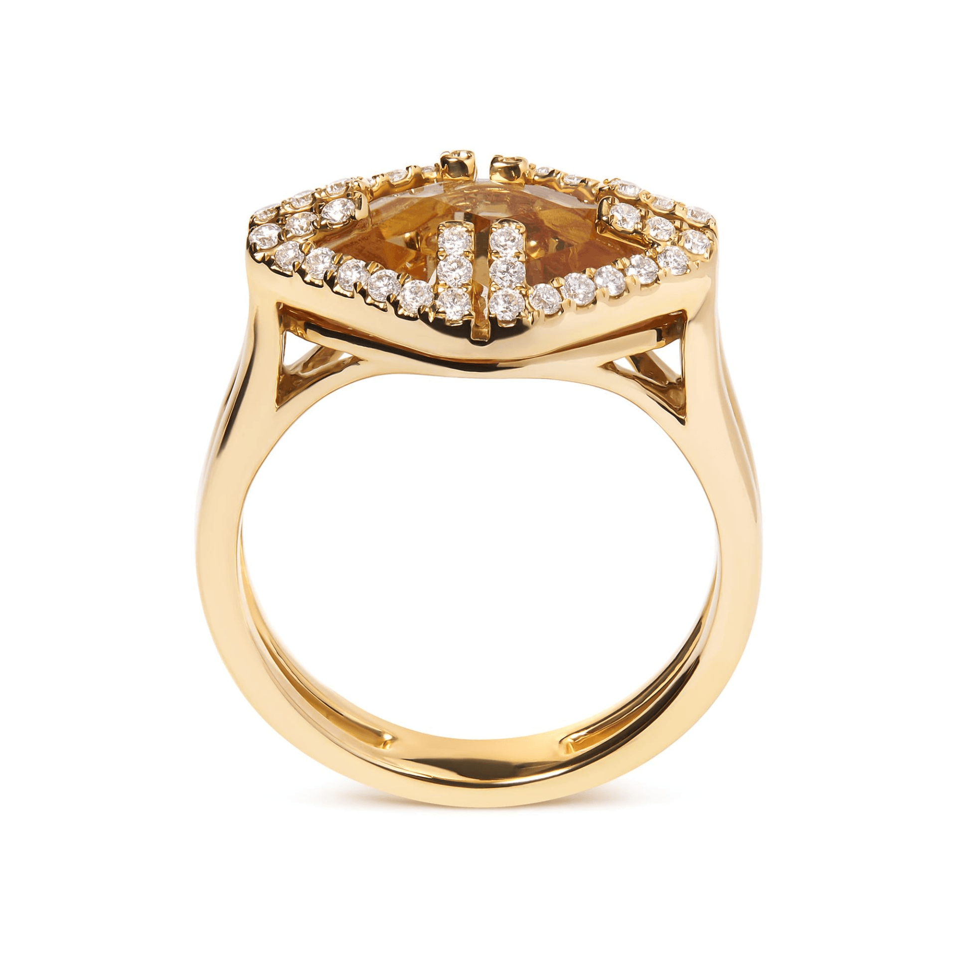 Elegant 14K Yellow Gold Marquise-Cut Yellow Citrine and Diamond Halo Cocktail Ring - Size 7 - Sable Gold