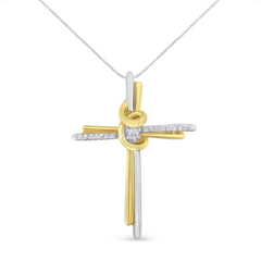 Espira 10K Two-Tone Yellow & White Gold Diamond-Accented Cross Pendant Necklace, 18" (J-K Color, I2-I3 Clarity)