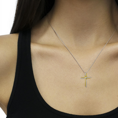 Espira 10K Two-Tone Yellow & White Gold Diamond-Accented Cross Pendant Necklace, 18" (J-K Color, I2-I3 Clarity)