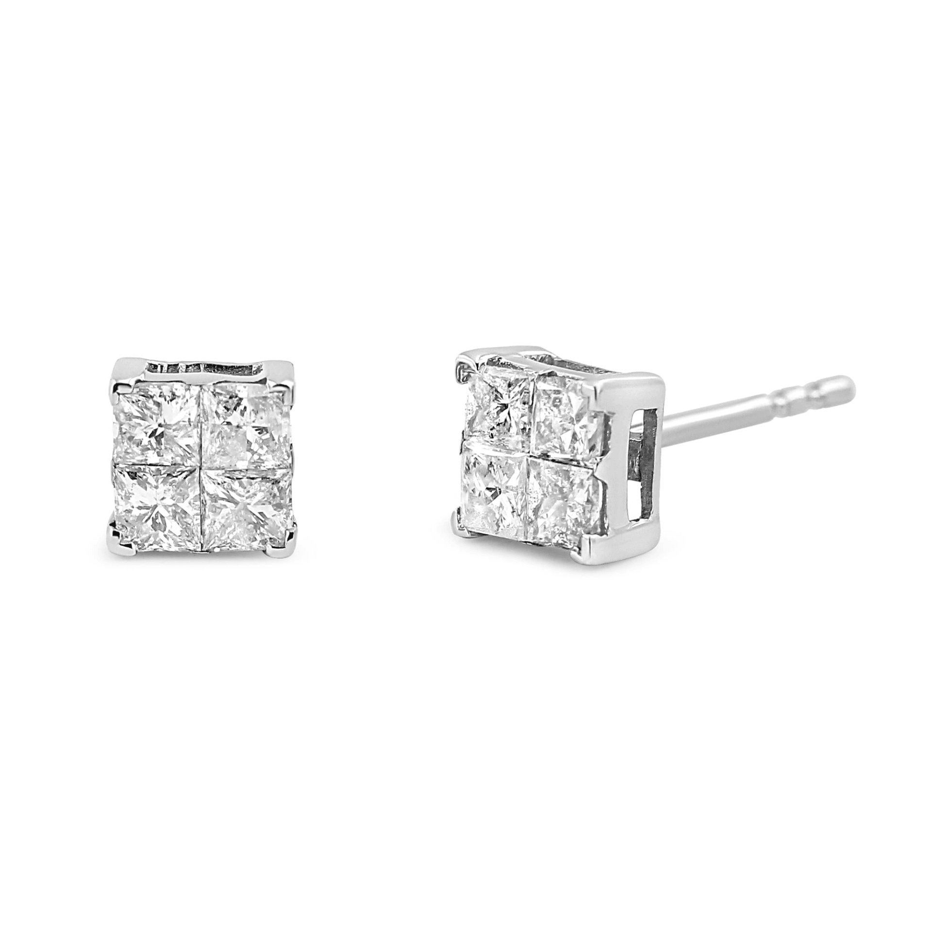 10K White Gold 1.00 cttw Invisible Set Princess-Cut Diamond Stud Earrings - Elegant and Sparkling - Sable Gold