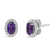 10K White Gold 5x3 MM Oval Cut Amethyst and Diamond Halo Stud Earrings - I-J Color, I1-I2 Clarity - Sable Gold