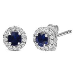 10K White Gold Blue Sapphire and Diamond Halo Stud Earrings (I-J Color, I1-I2 Clarity) - Sable Gold