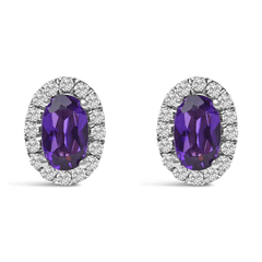 10K White Gold 5x3 MM Oval Cut Amethyst and Diamond Halo Stud Earrings - I-J Color, I1-I2 Clarity - Sable Gold