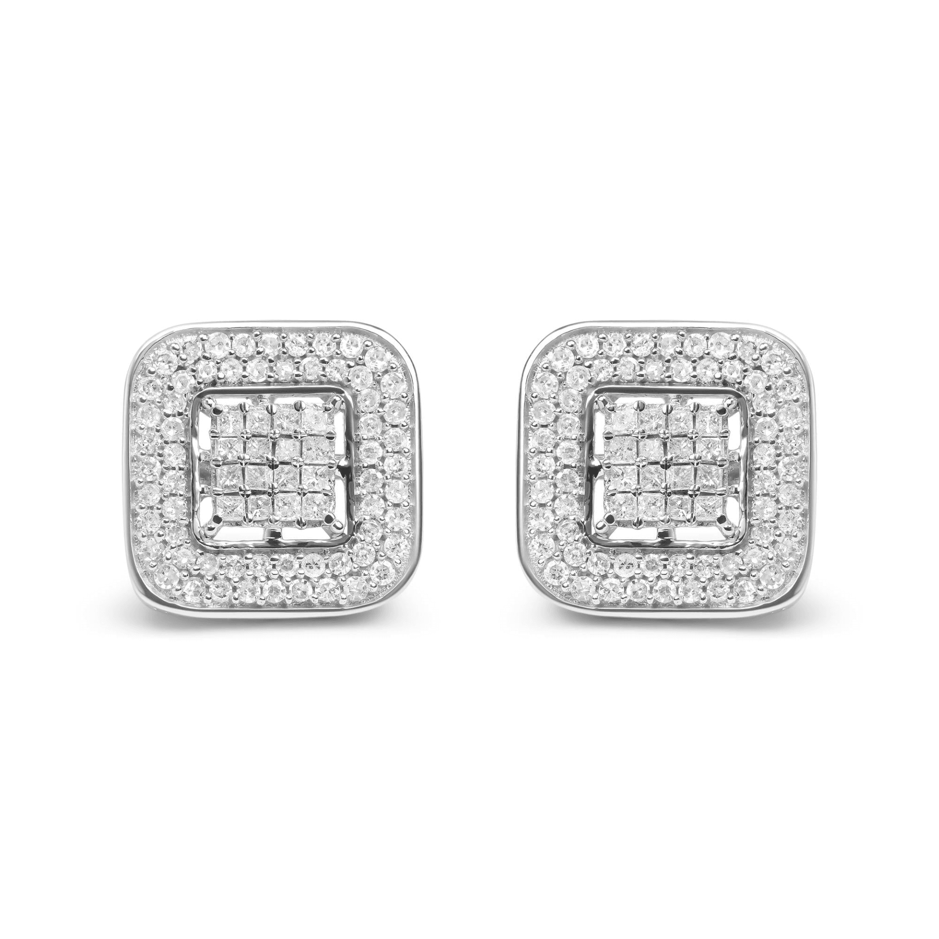 10K White Gold Diamond Halo Stud Earrings - 1.0 Cttw Round & Princess Cut (H-I Color, SI1-SI2 Clarity) - Sable Gold