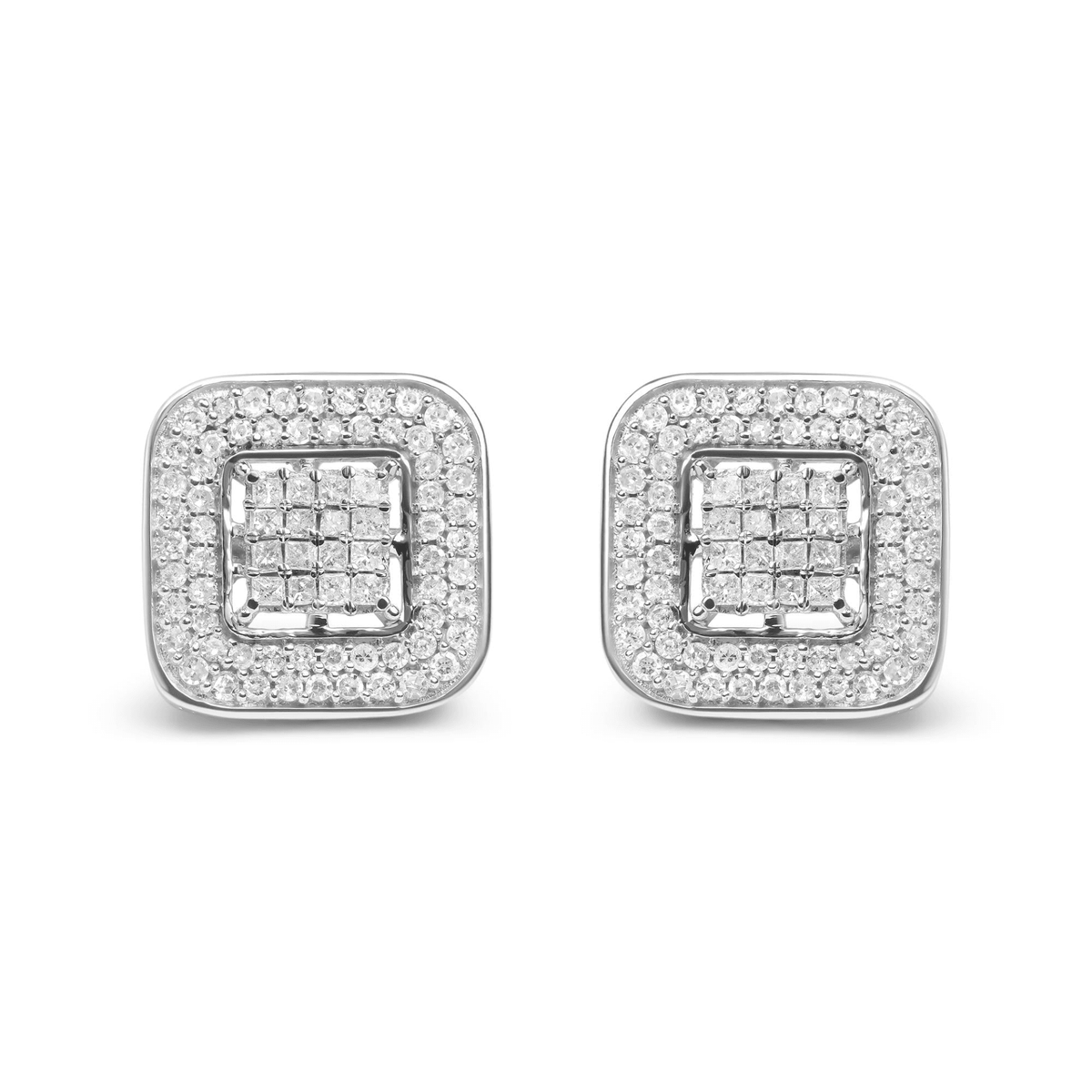 10K White Gold Diamond Halo Stud Earrings - 1.0 Cttw Round & Princess Cut (H-I Color, SI1-SI2 Clarity) - Sable Gold