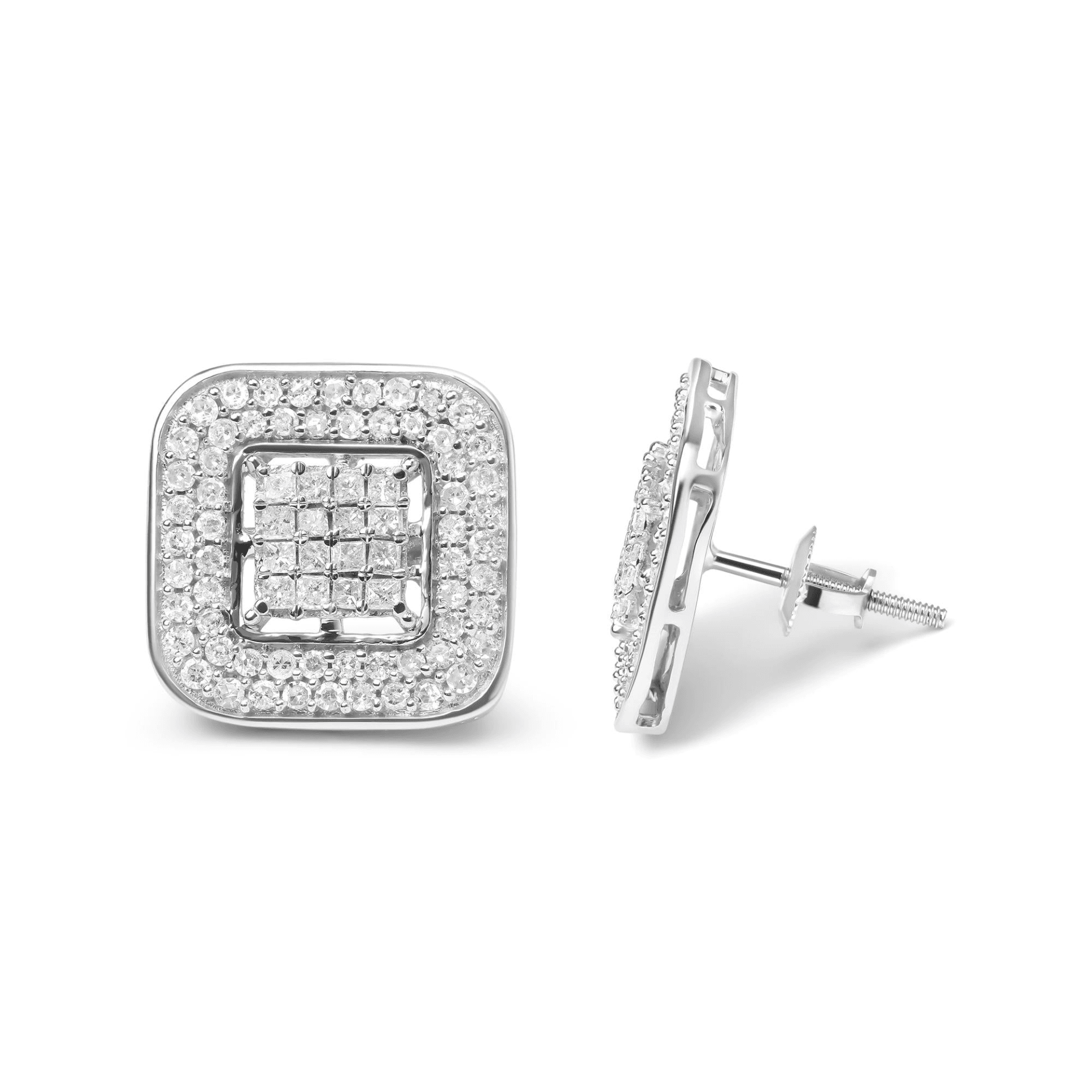 10K White Gold Diamond Halo Stud Earrings - 1.0 Cttw Round & Princess Cut (H-I Color, SI1-SI2 Clarity) - Sable Gold