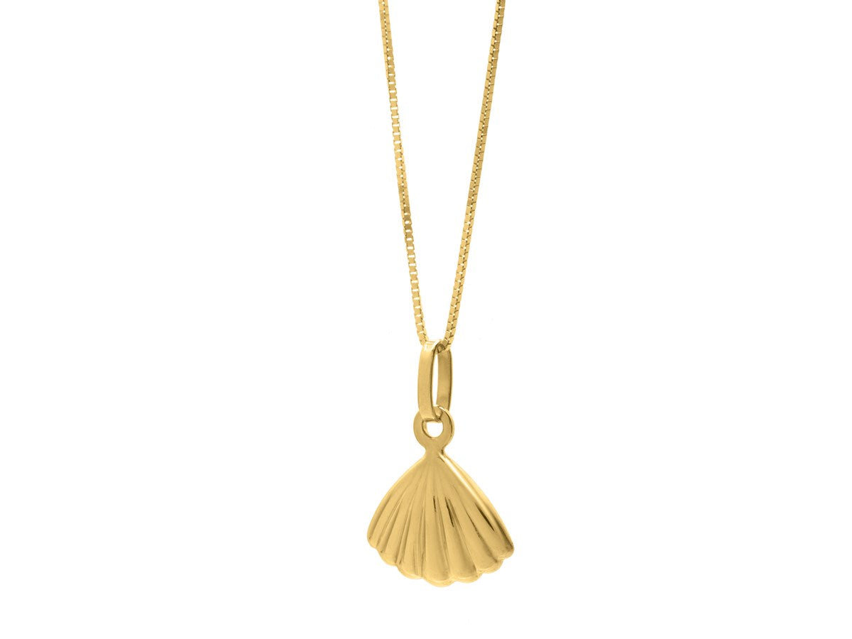 10K Gold Sea Shell Necklace on an 18-inch chain, showcasing a polished scallop shell design, perfect for ocean lovers.