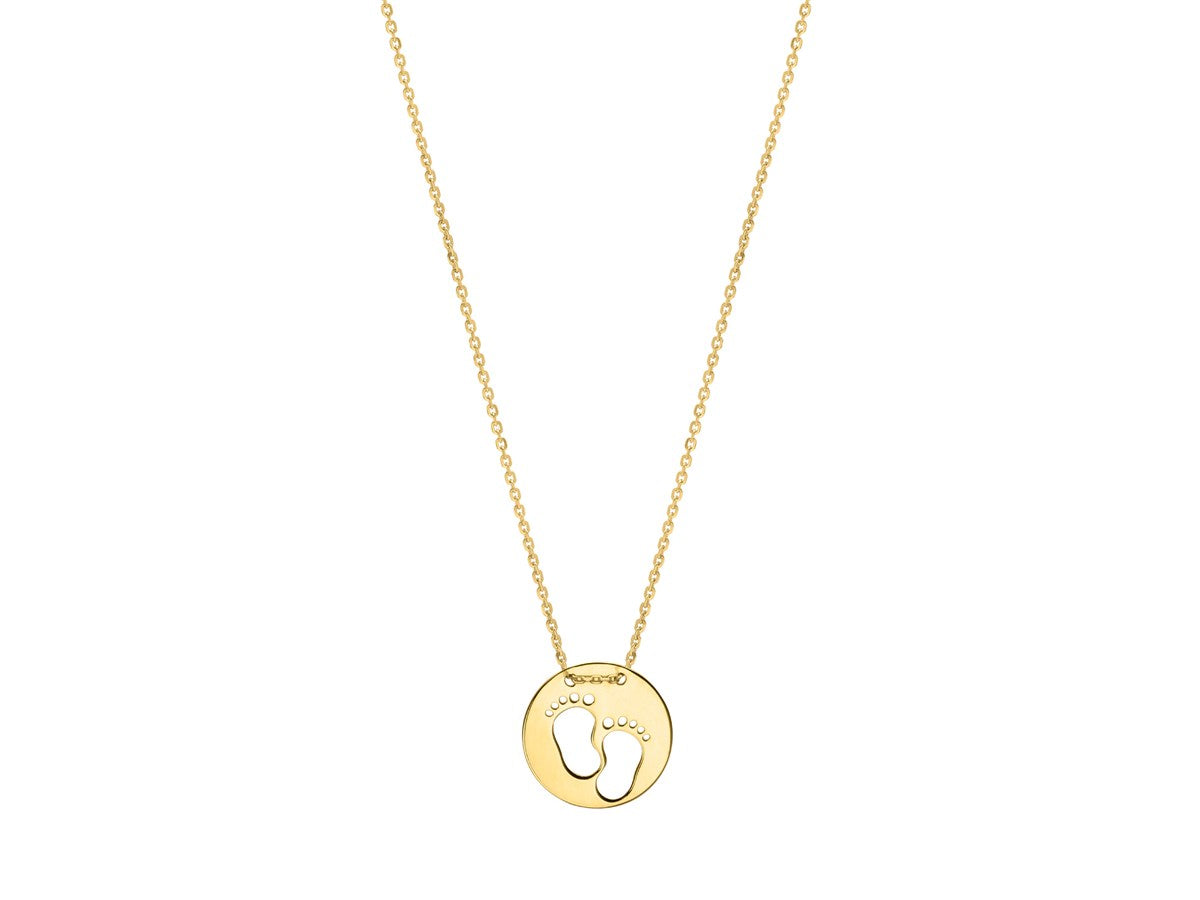 Stylish 10K Yellow Gold baby footprint necklace hanging on an adjustable chain, showcasing the intricate baby footprint design.