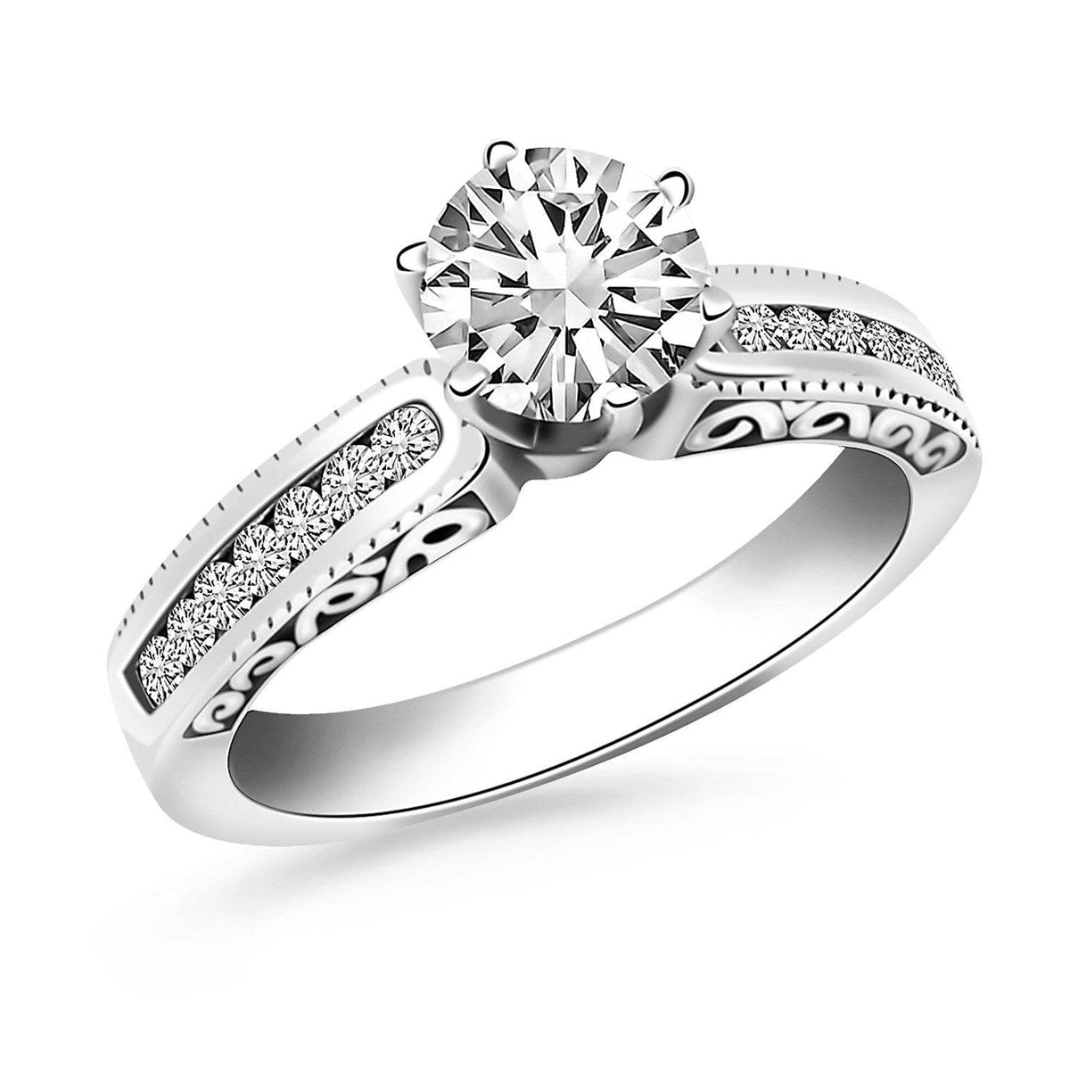 14k White Gold Channel Set Engagement Ring with Engraved Sides - Sable Gold