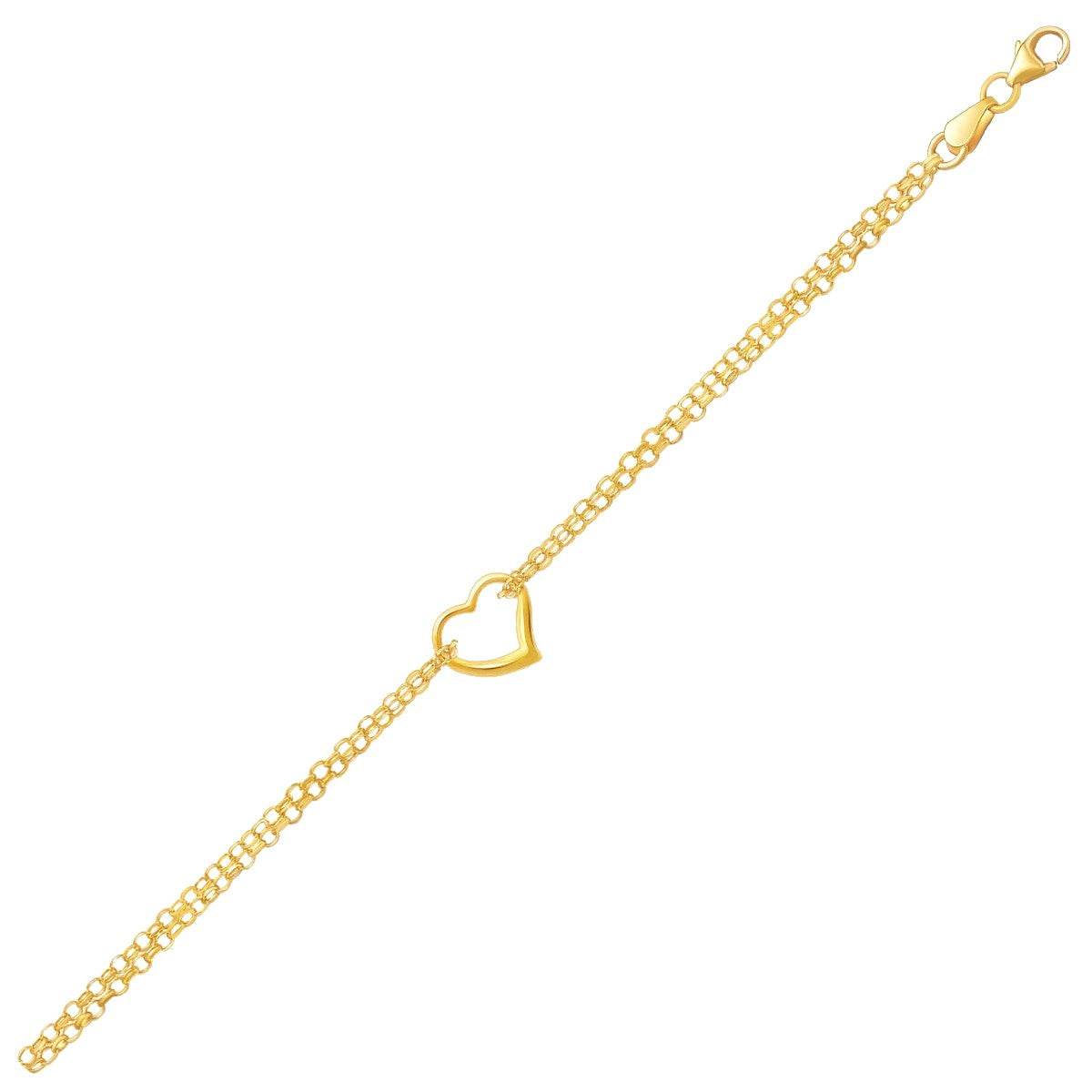 14k Yellow Gold Double Rolo Chain Anklet with an Open Heart Station - Sable Gold