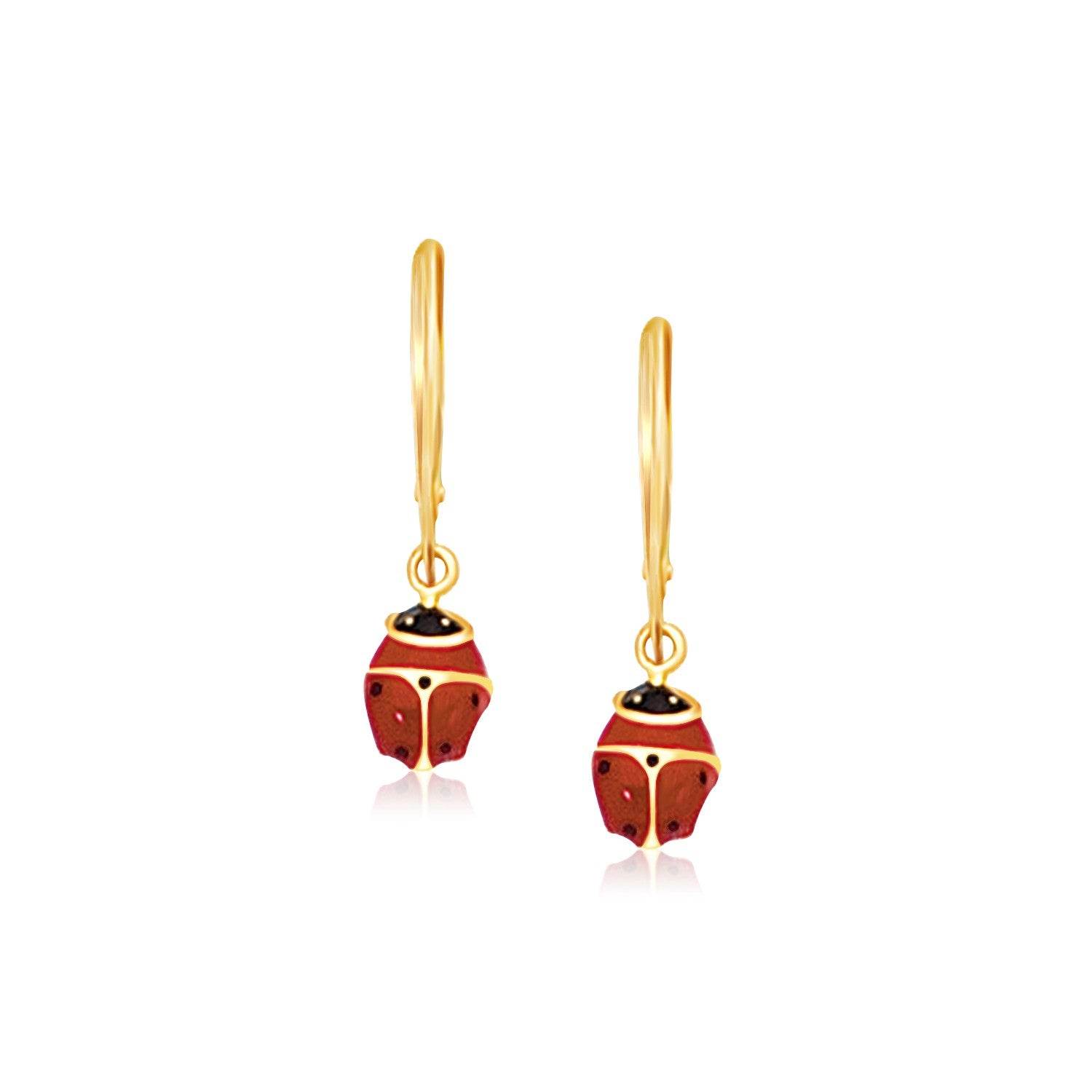 14k Yellow Gold Petite Enamel Lady Bug Drop Earrings - Sable Gold